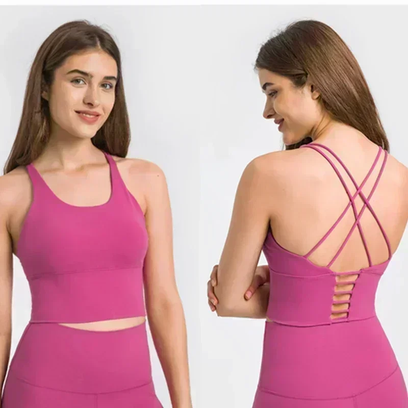 Lemon Sexy Strappy Back Sports Bras Padded Crisscross Backless U-neck Cropped Yoga Bras Workout Clothes for Women Gym Tank Top 2