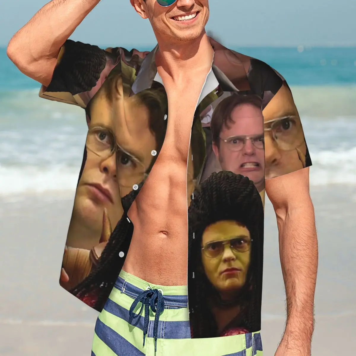 

Повседневная рубашка Dwight Schrute, винтажные Гавайские рубашки с забавным принтом, Мужские дышащие дизайнерские блузки большого размера с коротким рукавом для отпуска