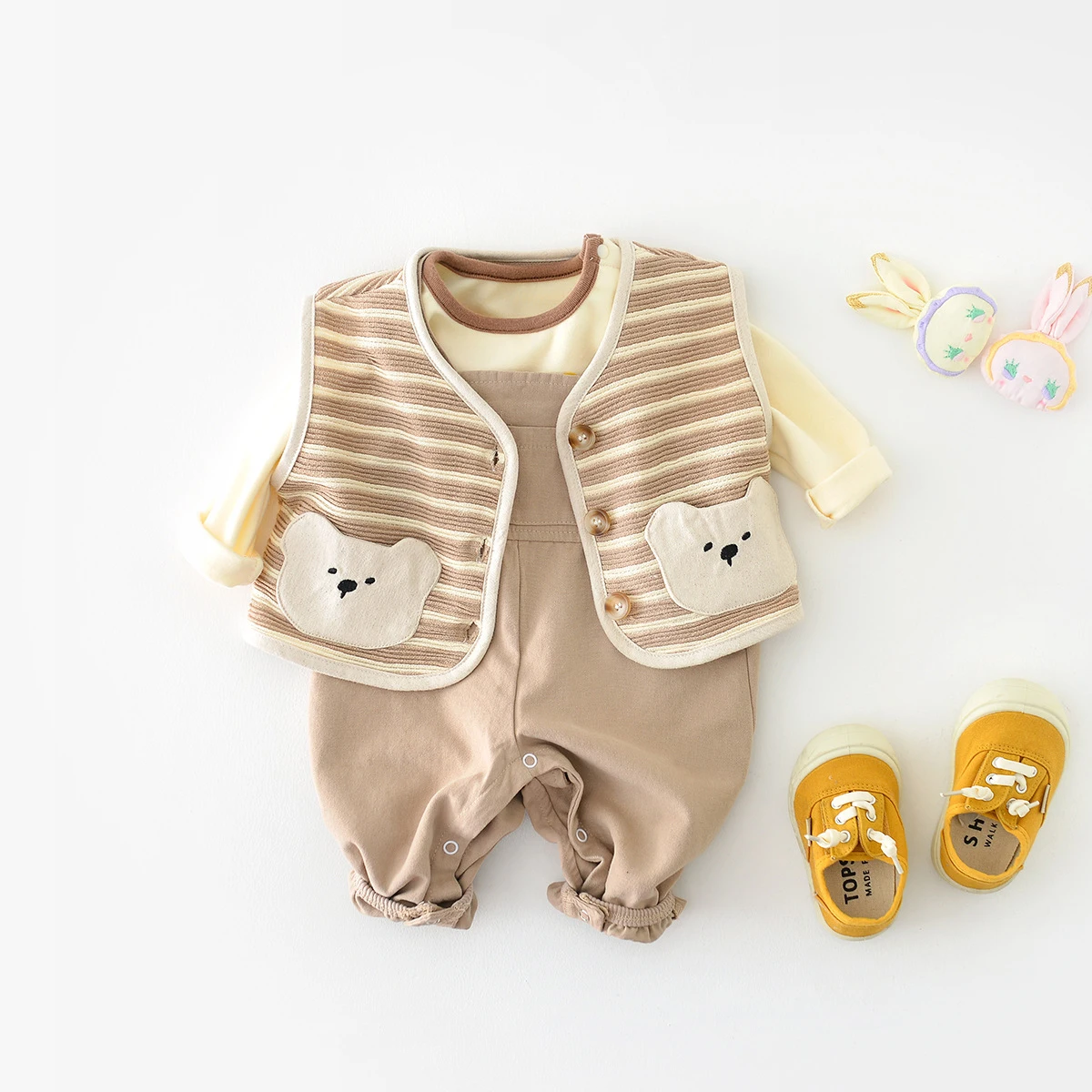 

Korean Newborn Baby Clothes Set Spring Baby Bear T-Shirt+Striped Sweatshirt+Vest+Cartoon Overall Jumpsuit Baby Girl Boys Outfit