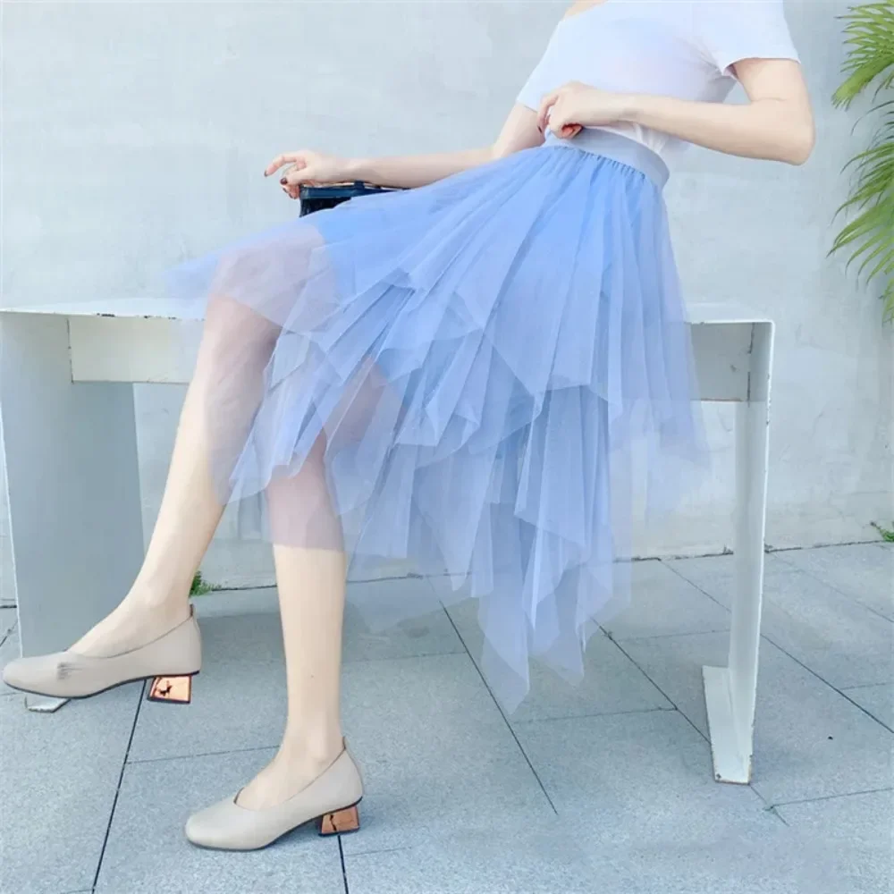Fashion Summer Tutu Women Skirt Harajuku Tulle Bottom Faldas Casual High Waist Midi Mesh Skirts Woman Clothes Saia 하프 스커트