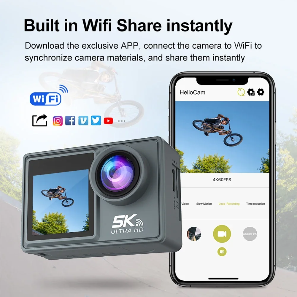 CERASTES 손떨림 방지 액션 카메라, 5K WiFi, 4K 60FPS 듀얼 스크린, 170 ° 광각 30m 방수 스포츠 카메라, 리모컨 포함