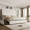 King Size Bed Frame Tall Headboard,Velvet Fabric Upholstered Bed Frame，4 Under-bed Storage Drawers,Wooden Slats,Noise-Free,Beige 1