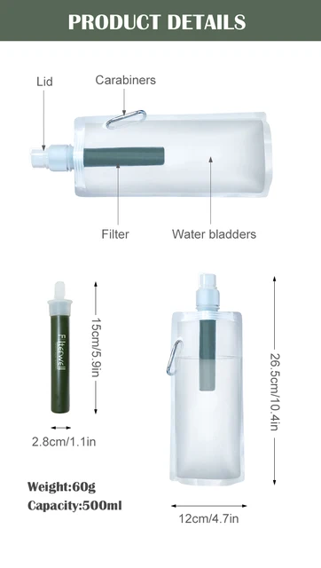 Filtro Acqua Portatile Per Campeggio - Cannuccia Filtante, Rimuove Il 99.9% Di Impurità, Fino A 18.5L - Foto 7