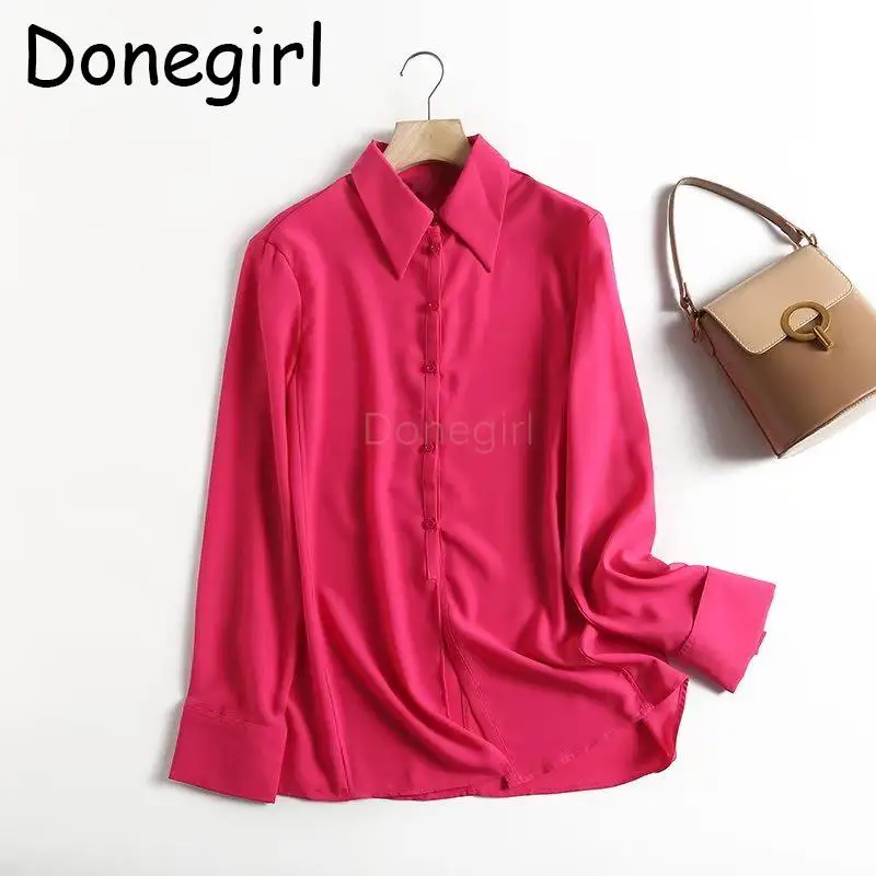 

Donegirl 2023 New Women Single Row Button Satin Solid Shirt Casual Versatile Loose Spring Summer Blouses Female Tops Chic