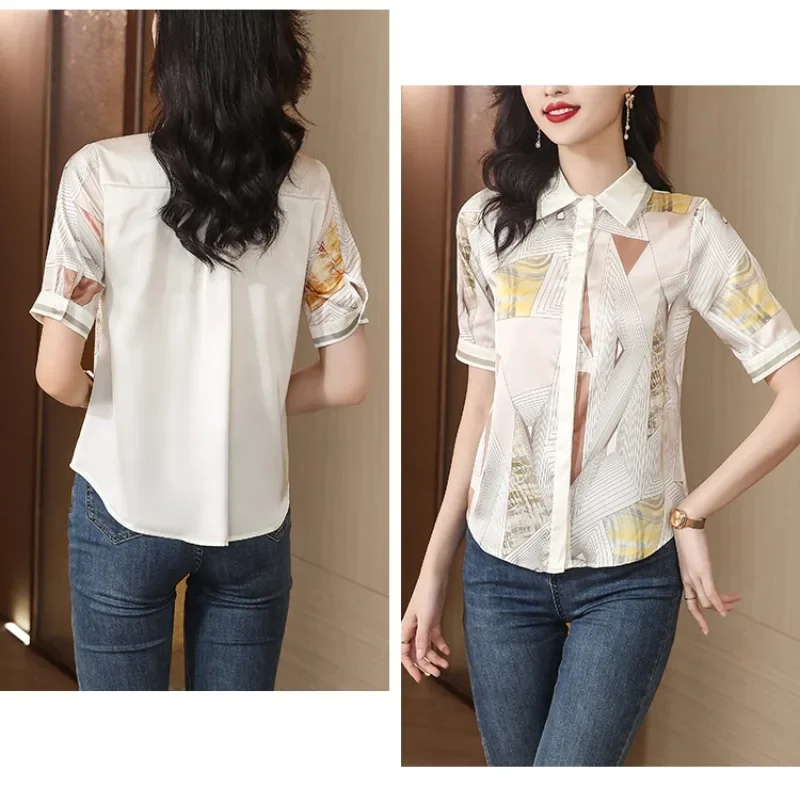 Prints Vintage Blouses Summer Loose Fit ShortSleeves Floral Women Tops Polo-neck Fashion Clothing Chiffon Women's Shirts