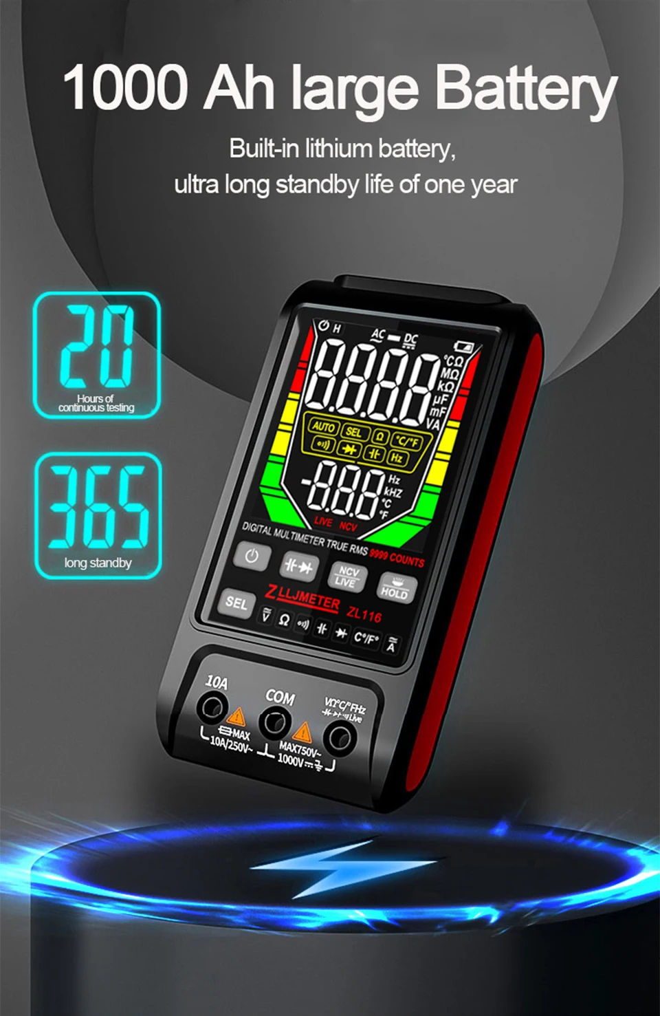 Description Picture 4 of itemUSB Charging Large Screen Smart Multimeters Digital DC AC Current True RMS Auto Electrical Capacitance ohm Temp Multimetro test