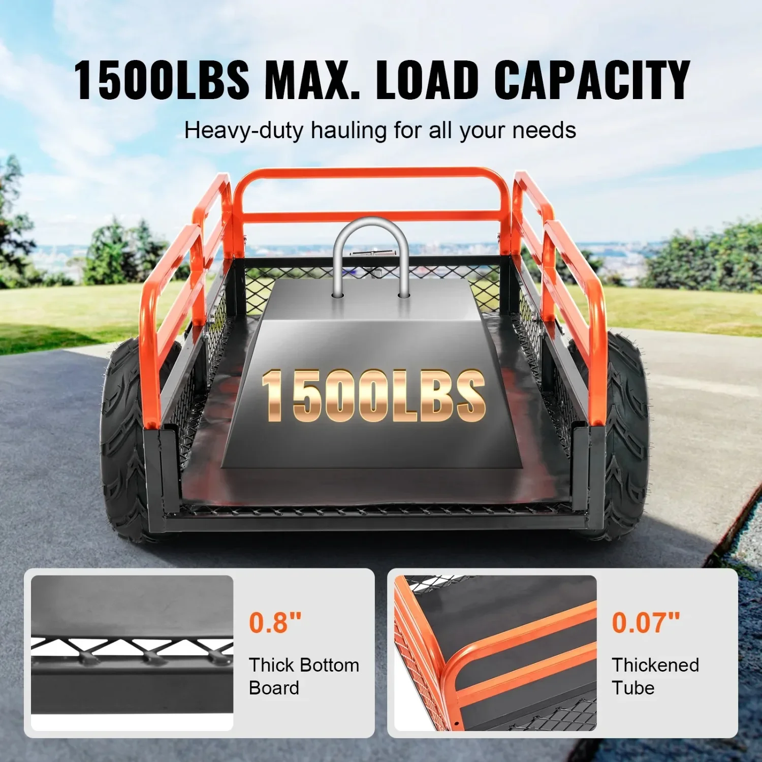 Heavy Duty ATV Trailer Dump Cart Tow Behind, 1500lbs 15 Cubic Feet, Yard Garden Trailer Pull Behind Dump