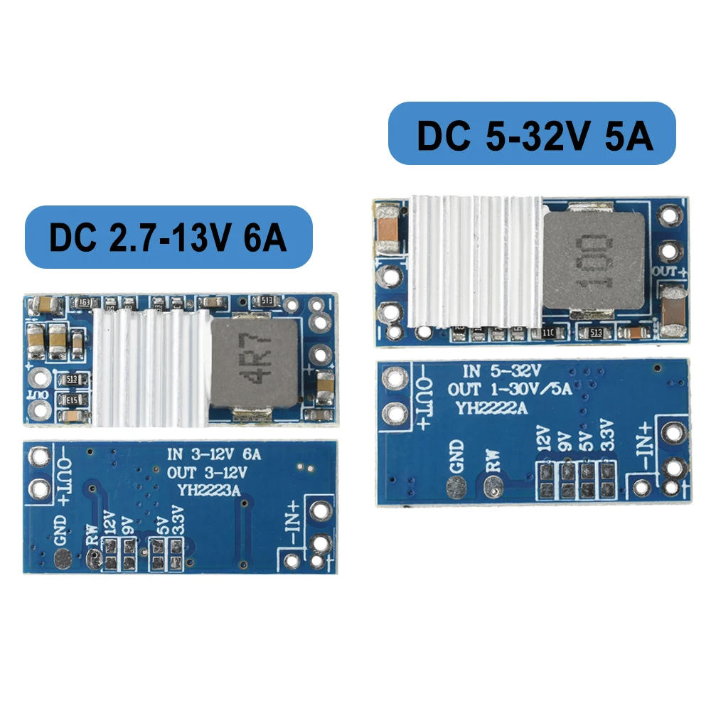 Vue du module boost réglable 3.3V-12V 6A montrant les composants électroniques et les connecteurs