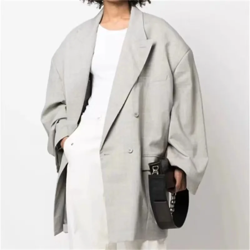 

Blazer Woman 2023 Autumn New in Outerwears Korean Fashion Double Breasted Neutral Style Women's Jacket Wool Blend Loose Coat y2k