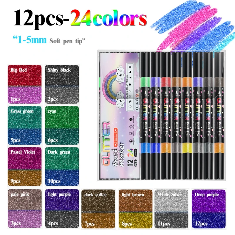 12 pennarelli glterati a doppia punta a doppio colore con pennello e pennini fini, per album fai da te, carte nere, scrapbooking, materiali artigianali  21