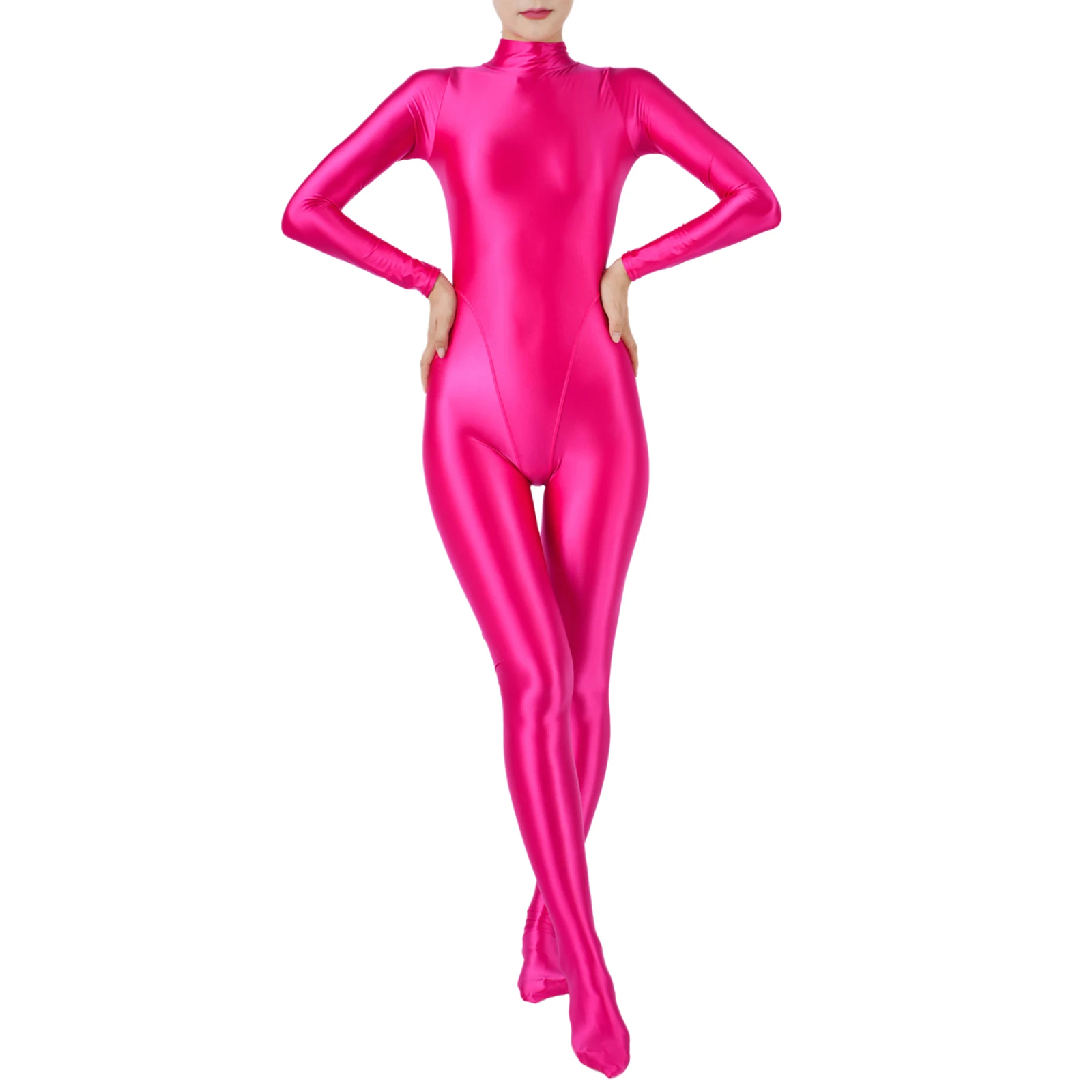 thumbnail image 1 of Body de mujer con efecto brillante al óleo, lencería para culturismo, gimnasio, fitness, cuello alto, manga larga, mono, traje de baño con protección contra erupciones, 1 of 5