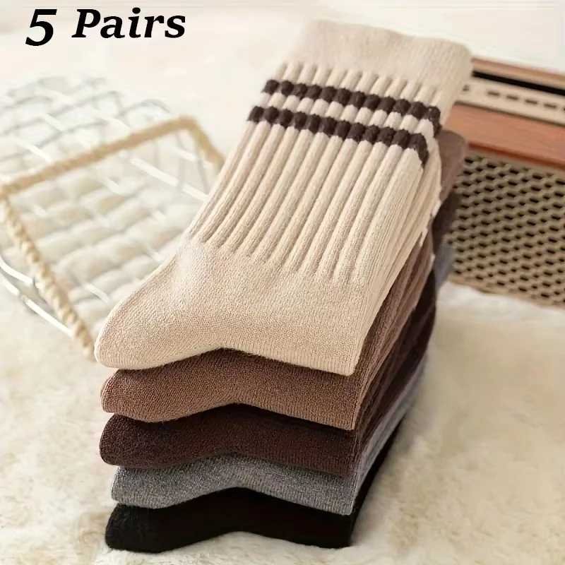 Trendy Striped Crew Socks Women's JK Fashion Socks Sports Daily Wear Cute Fall Winter Collection 5 Pairs Pack