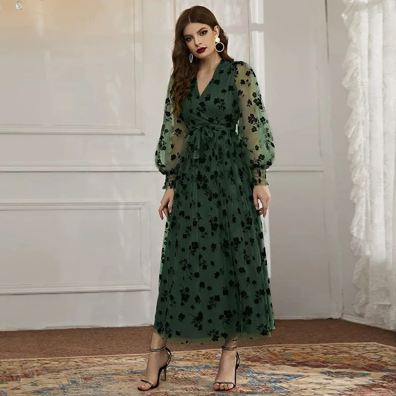 

Women Casual Elegant Maxi Dresses 2023 New Summer A-line Lace V-Neck Long Sleeve Floral Print Turkish Evening Party Robe Vestido