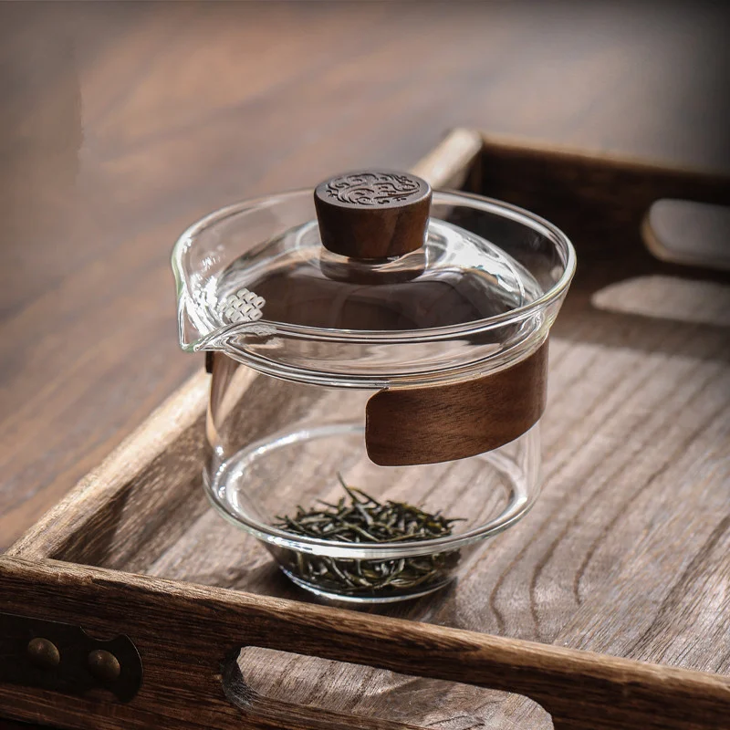 Walnut Wood Scald Proof Holder Heat-resistant Glass Gaiwan Tea Tureen Sancai Cup Tea Set Chahai Kung Fu Cup with Lid