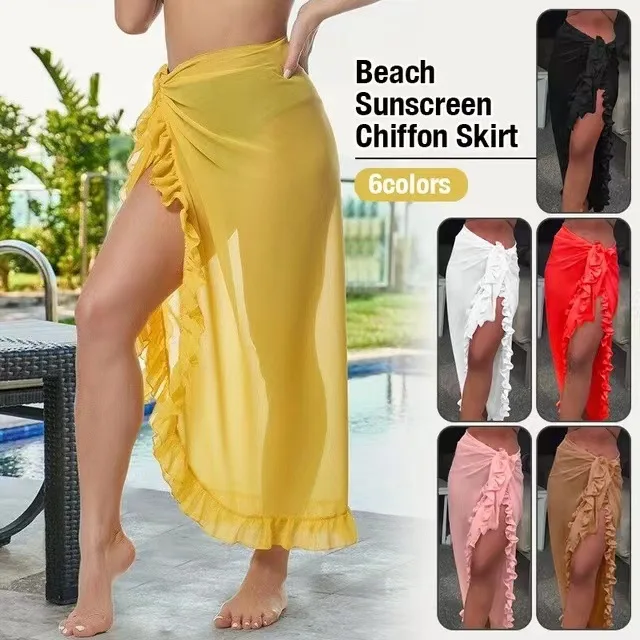 Swimsuit Cover Up Women Sunscreen Half Dress Sexy Chiffon Swimwear Cover Up Ruffle Solid See Through Summer Kaftan Sarong Beach Long Half Dress