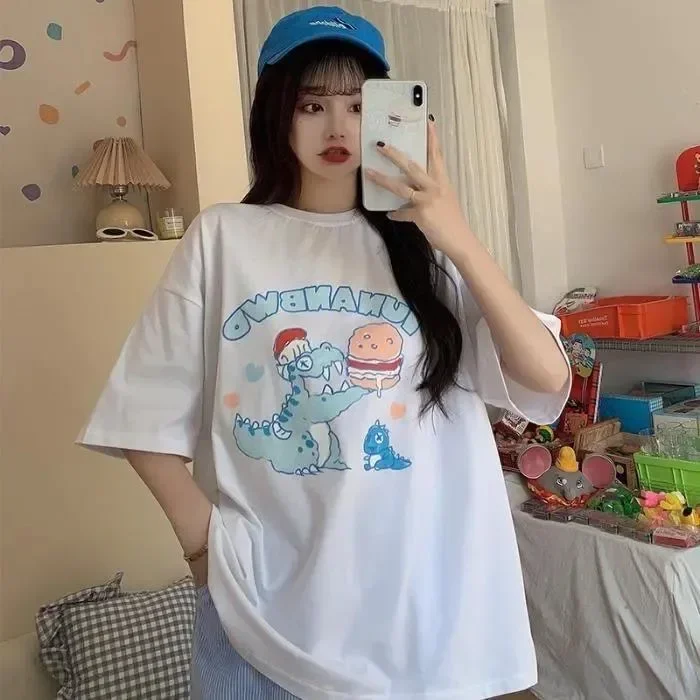 thumbnail image 1 of Camiseta de mujer, tendencia retro, cuello redondo, camiseta de gran tamaño, dinosaurio, pura, suelta, salvaje, camisetas de manga corta para hombre, Harajuku, 1 of 5