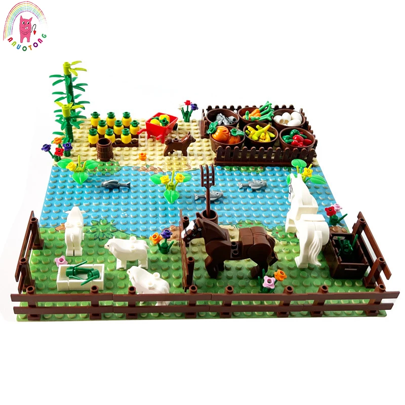Moc Farm Cornfield Fish Pond Stabile Building Blocks Assembly Figures Educational Animal Botanical Garden Scene Model Brick Toys