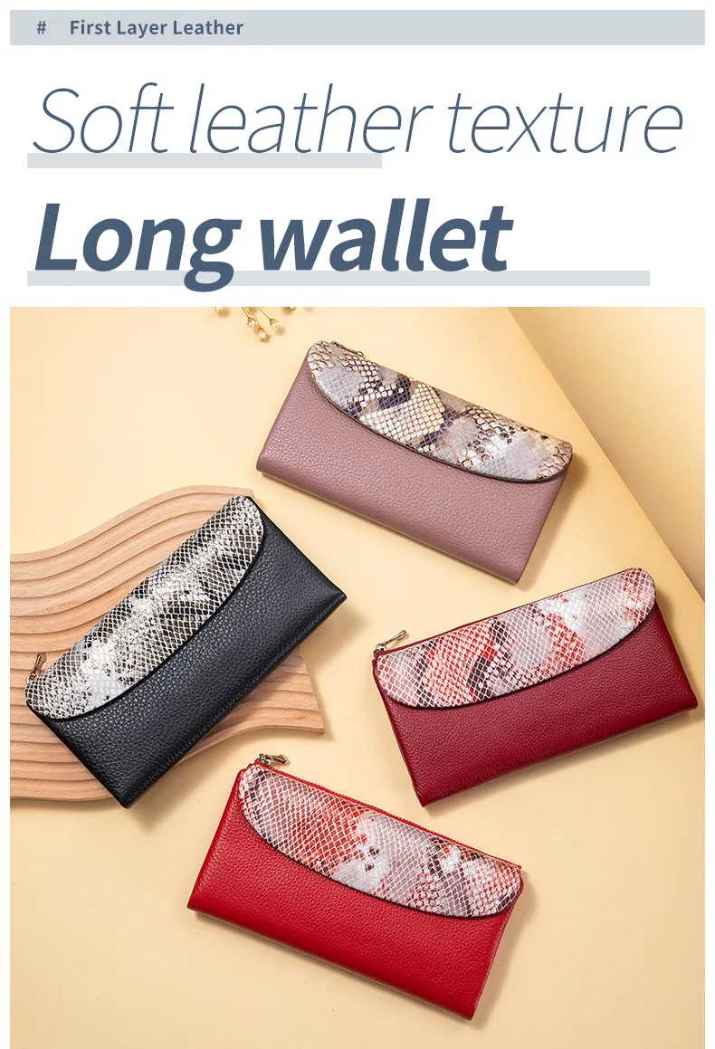 Kartenhalter aus echtem Leder, lang, weich, echtes Rindsleder, Damen-Geldbörse mit Serpentinenmuster, Rindsleder-Clutch – Detail 1