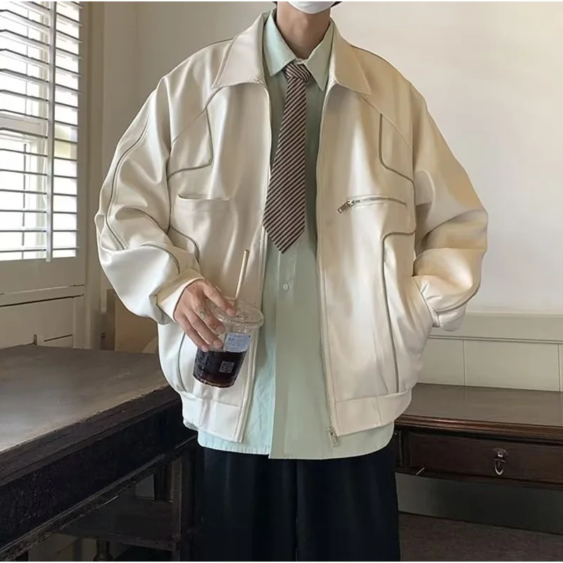 Men's Windproof Motorcycle Lapel Oblique Zipper Jacket Fashion PU Leather Jacket Slim Fit Standing Collar Large Size Men's Coat