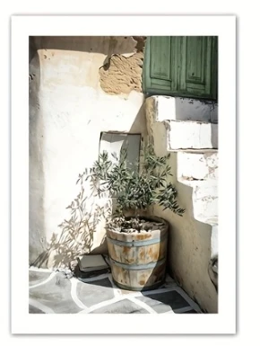 Frameless Green Bohemian Door Print with Olive Tree and Floral Theme
