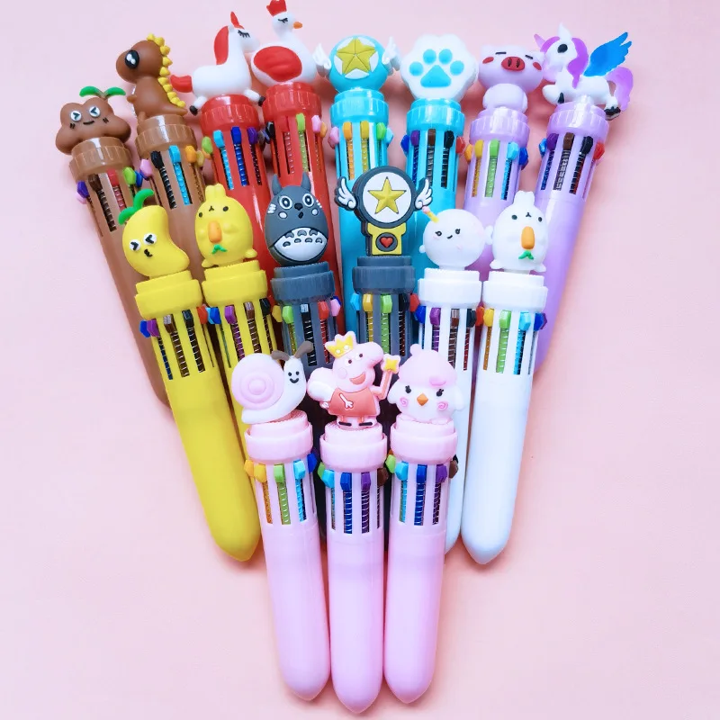

10Pcs/Lot Cute Cartoon 10 Colors Ballpoint Pens Kawaii Animal Multicolor Press Pen Student Graffiti Marker School Stationery