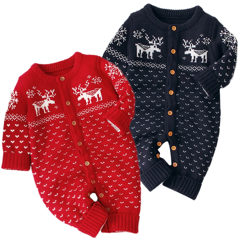 

2023 Baby Rompers Christmas Autumn Long Sleeve Newborn Boys Girls Jumpsuits Reindeer Knitted Toddler Overalls Children Clothing