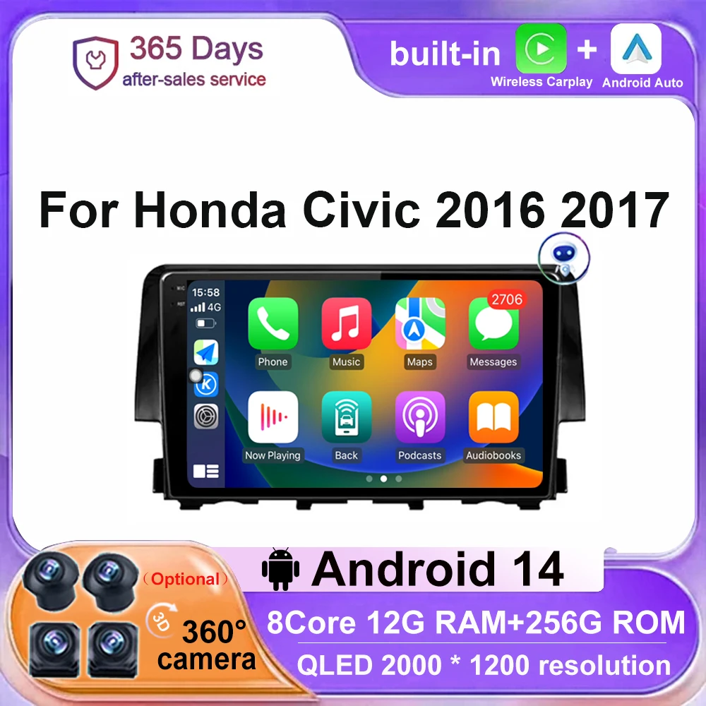 

Car Radio Navigation Stereo For Honda Civic 2016 2017 Android 14 Multimedia Video Player Carplay Auto 4G WIFI 4G DSP BT GPS QLED