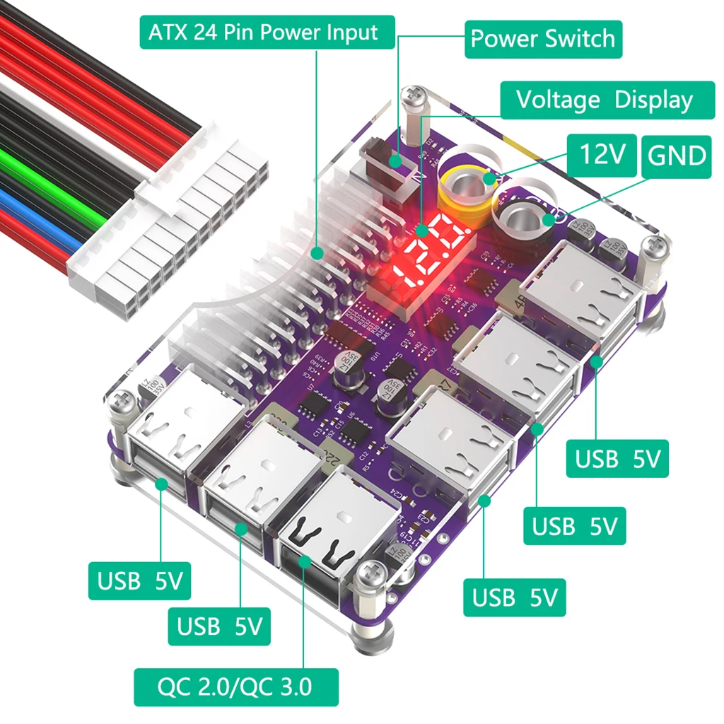 아크릴 케이스 키트가 있는 ATX 24 핀 전원 공급 장치 브레이크아웃 보드, 3 자리 LED 디스플레이, 12 포트 USB 2.0, QC 2.0, 3.0, 12V 출력