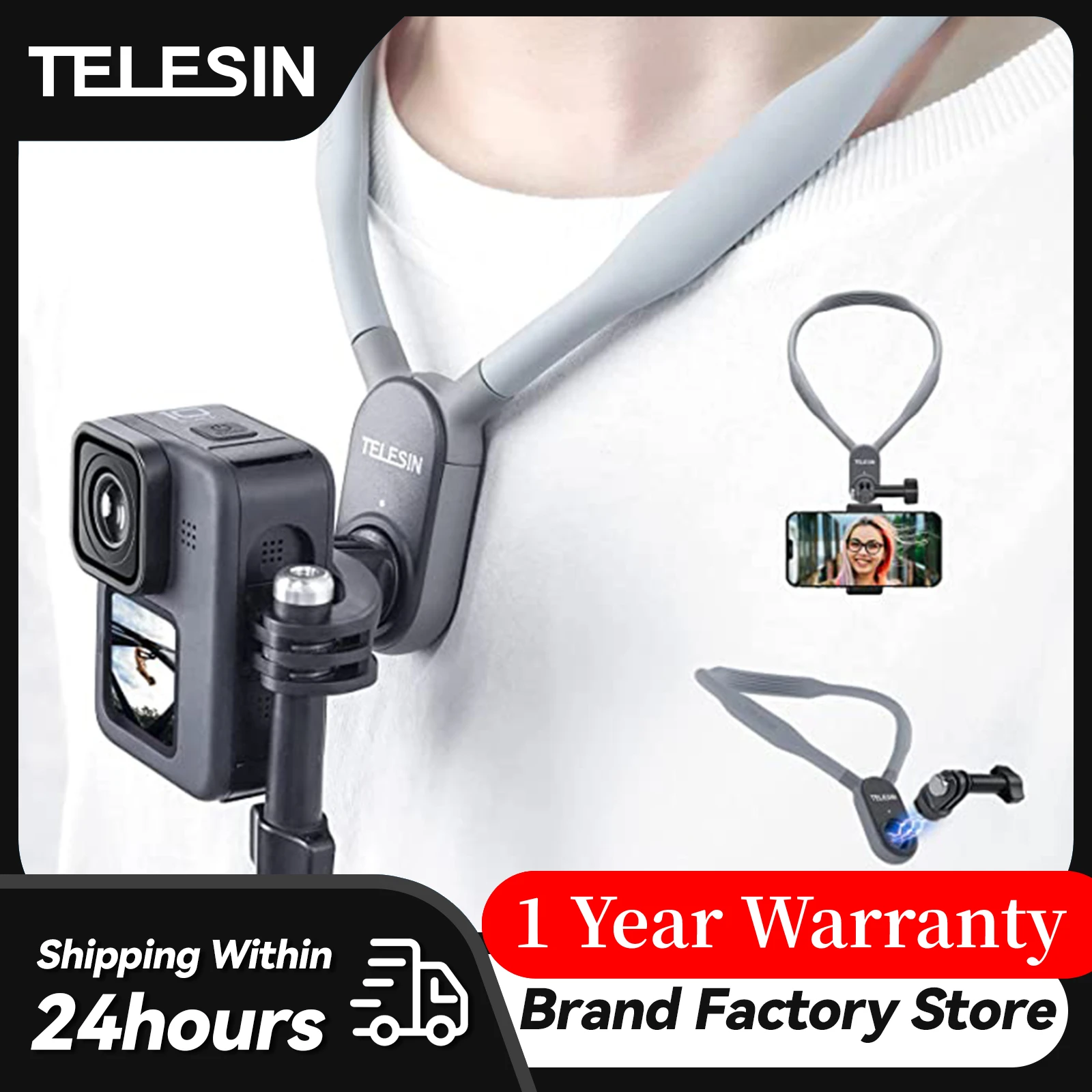 

TELESIN Silicone Neck Hold Mount for GoPro Hero 12 11 10 9 8 7 6 Insta360 DJI Osmo Action Smartphone Magnetic Action Accessories