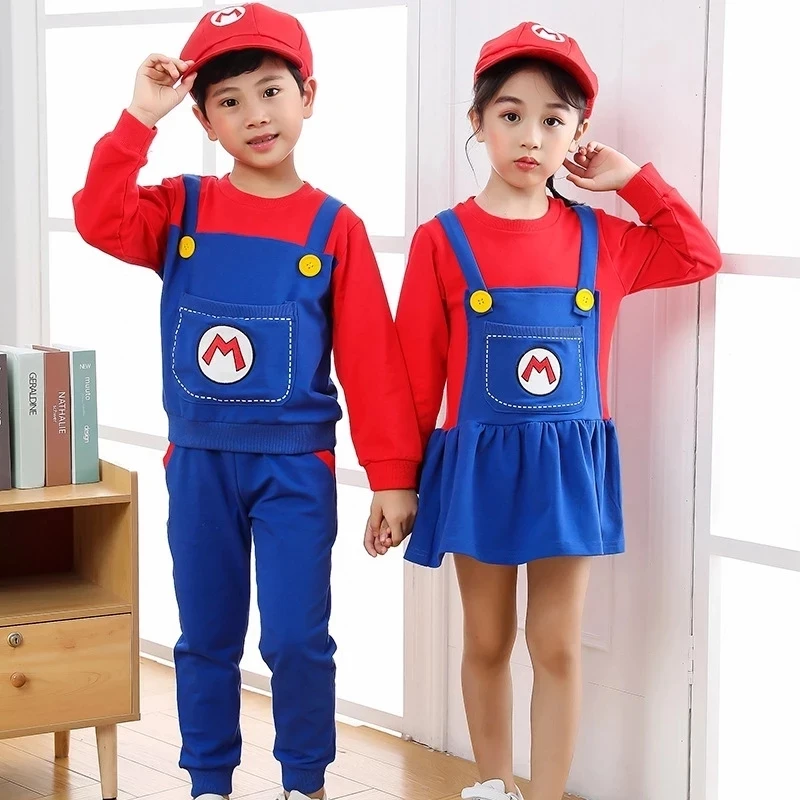 2021 New Game HOT Clothes Super Marios Children\'s Bib Dress Luigi Cosplay Costume Anime Family Set Boys Girls Kids Gifts