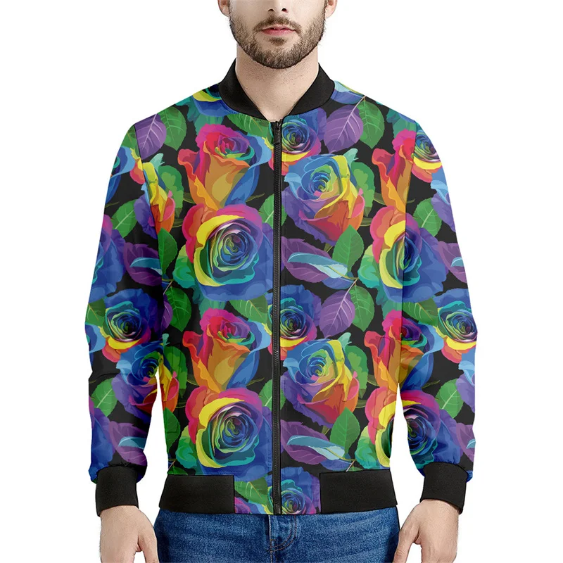 thumbnail image 1 of Chaqueta bomber con estampado 3D de flores rosas para hombre, sudadera con gráfico floral para primavera y otoño, tops para mujer, abrigo de manga larga con cremallera para calle, 1 of 4