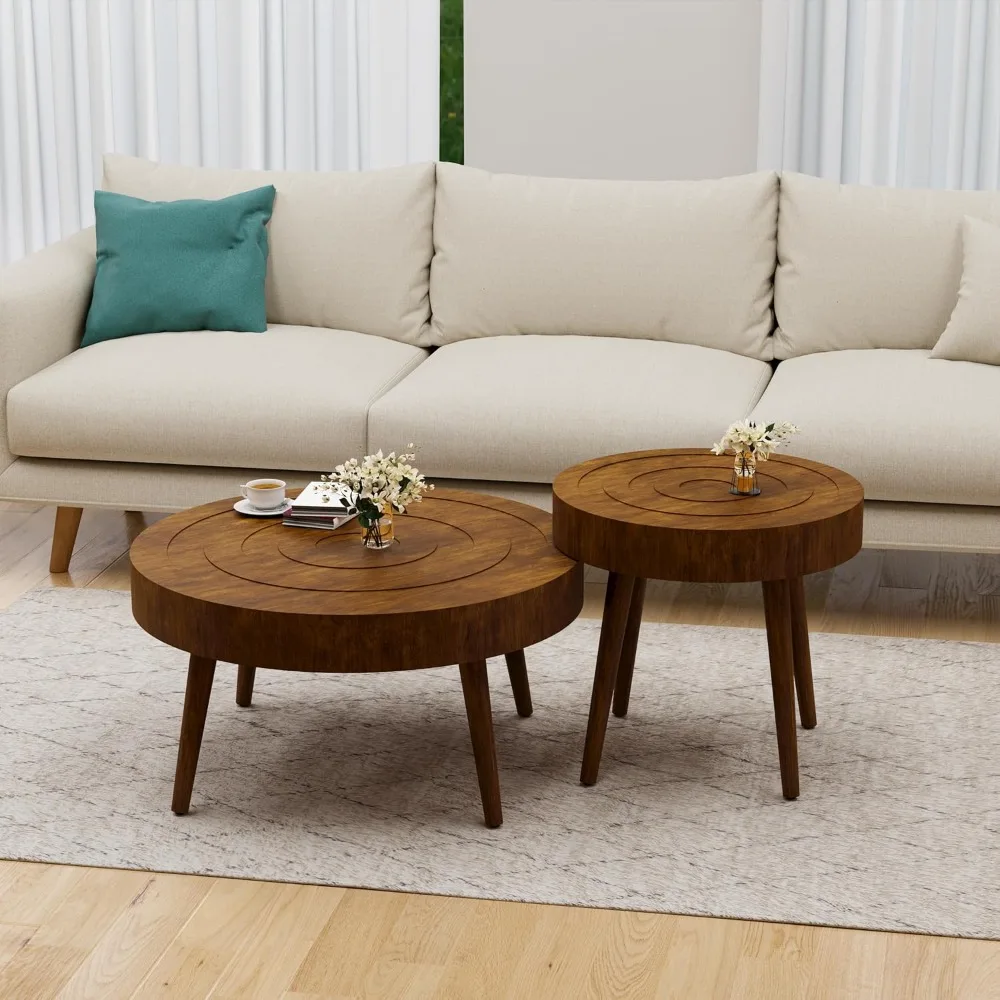 Round Coffee Table Set of 2, 2 Piece Farmhouse Nesting Table w Wooden Circle Sleeve Pattern, Modern MDF End Table for Living Roo 6