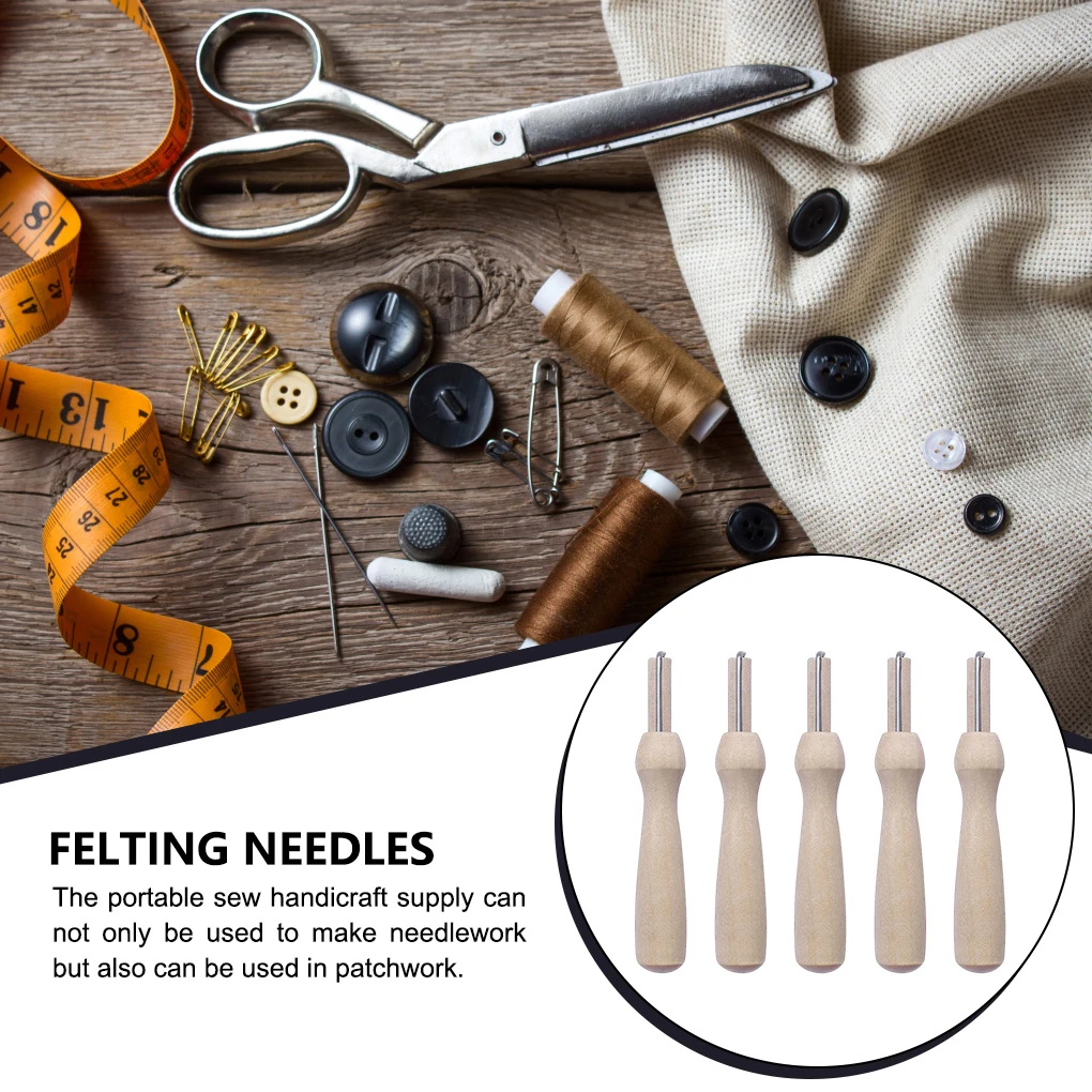 Wooden Handle Holder with Felting Needles DIY Craft Sewing Needlework Felt Hand Needles Tool 5pcs needle felting kit wool felting kit needle felting painting kit sewing craft kit