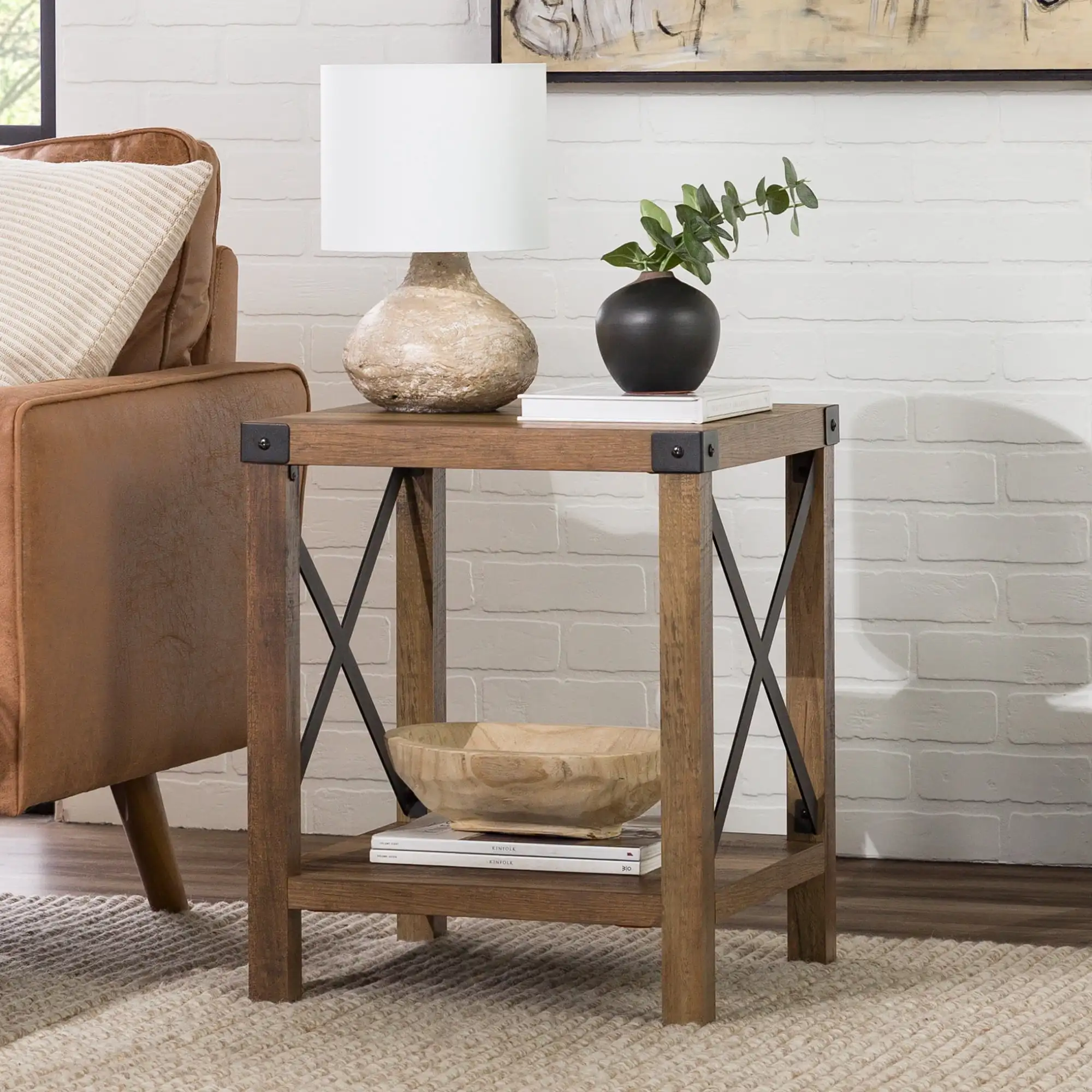 

Woven Paths Magnolia Metal X End Table, Reclaimed Barnwood