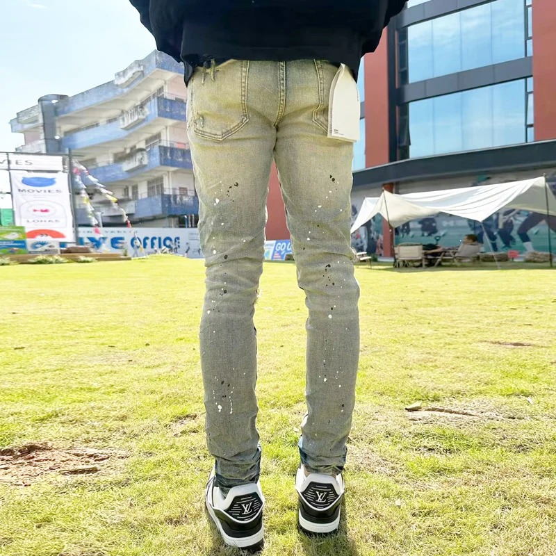 High Street Fashion Men's Jeans Vintage Blue Wash Elastic Tight Split Jeans Men's Designer Hip Hop Brand Blue Patch Pants