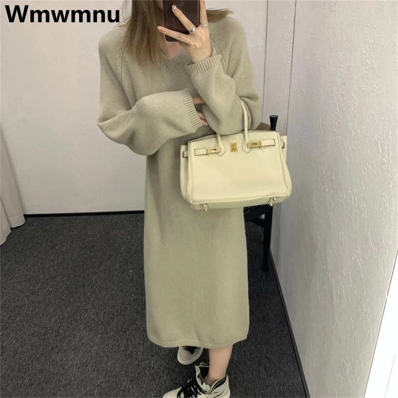 

V-neck Korean Loose Midi Knitted Dress Fashion Women Knitwears Dresses 2023 Autumn Winter Vestidos Simple Elegant Sweater Robe
