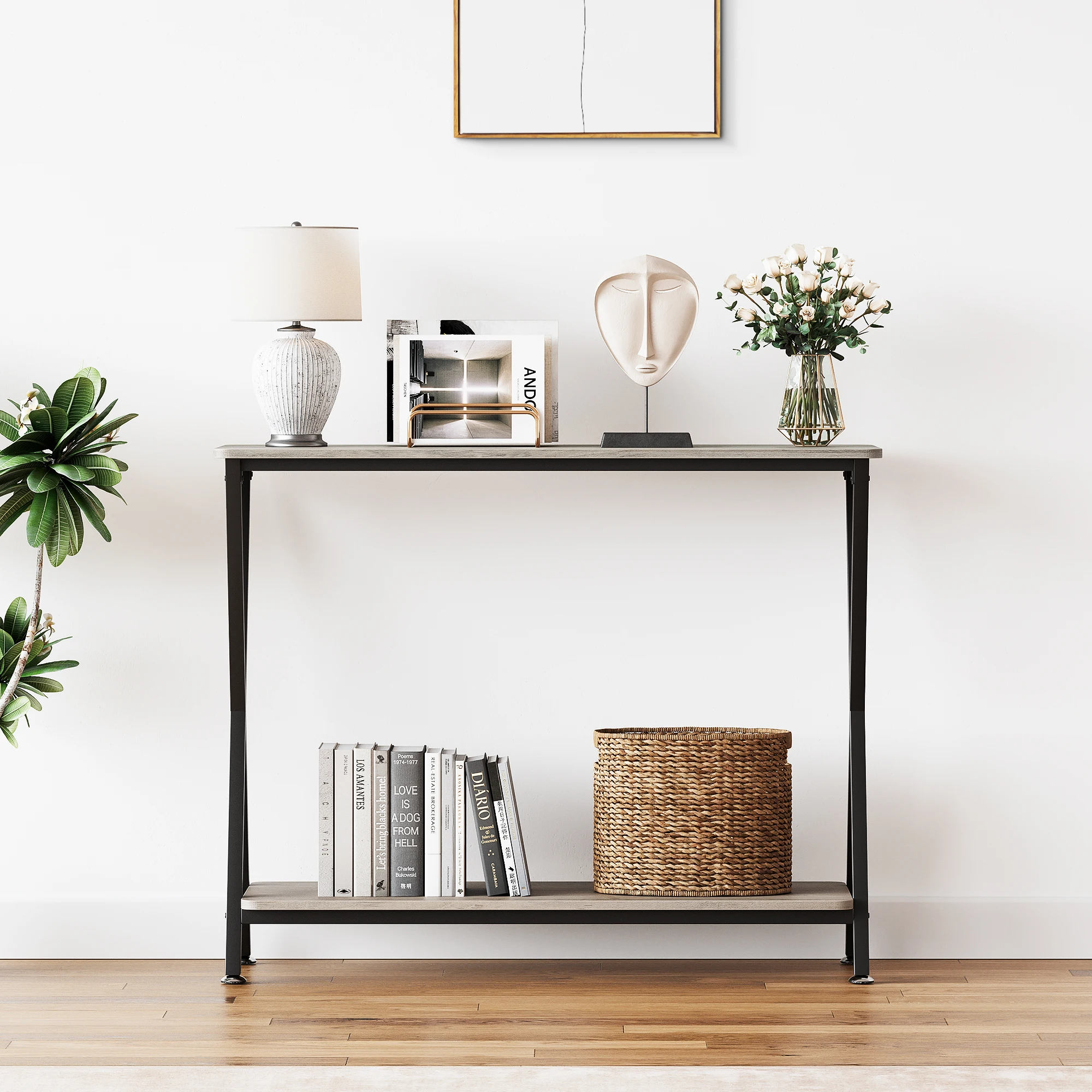 Industrieller Schmaler Konsolentisch 2-stufiger Sofa-Beistelltisch mit Ablagefach, Metallrahmen für Flur Eingangsbereich Hinter Sofa Eingangspfosten – Detail 11