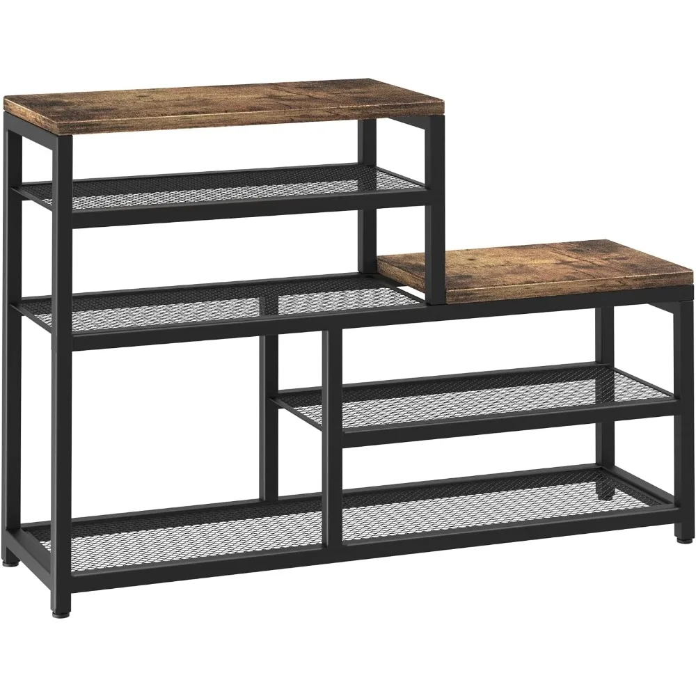 5-Tier Shoe Rack Bench Shoe Storage Organizer w/Seat, Industrial Free Standing Rack Shelves for Entryway, Hallways, Closets