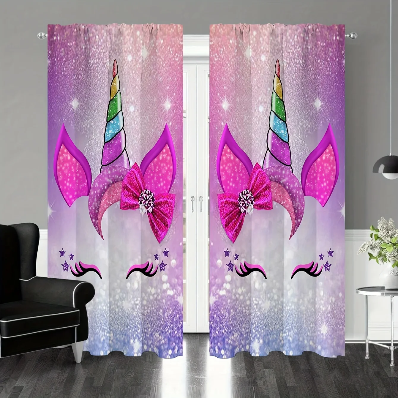 

2panels Cute Unicorn Printed Curtains Rod Pocket Semi Blackout Window Curtains For Living Room Window Drapes Bedroom Room Decor