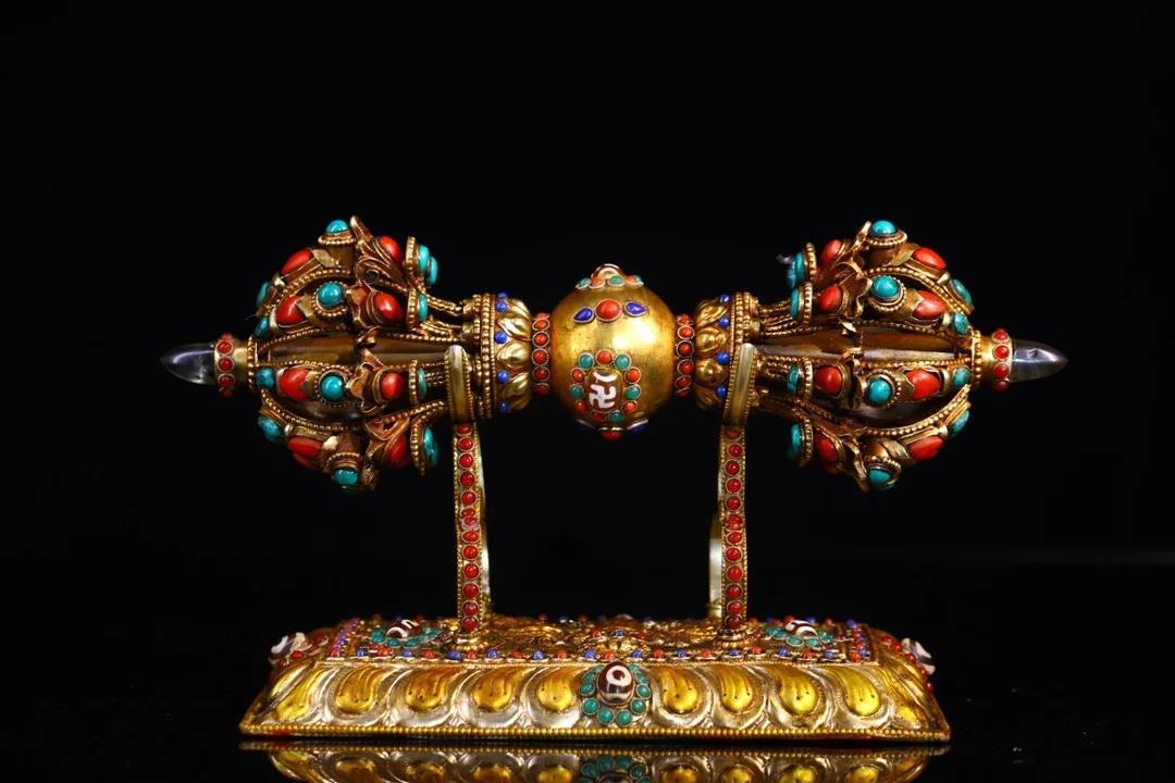 

7"Tibetan Temple Collection Old Natural Crystal Gilt Gem Dzi Beads Dorje Vajra Phurpa lotus pedestal Dharma Town House Exorcism