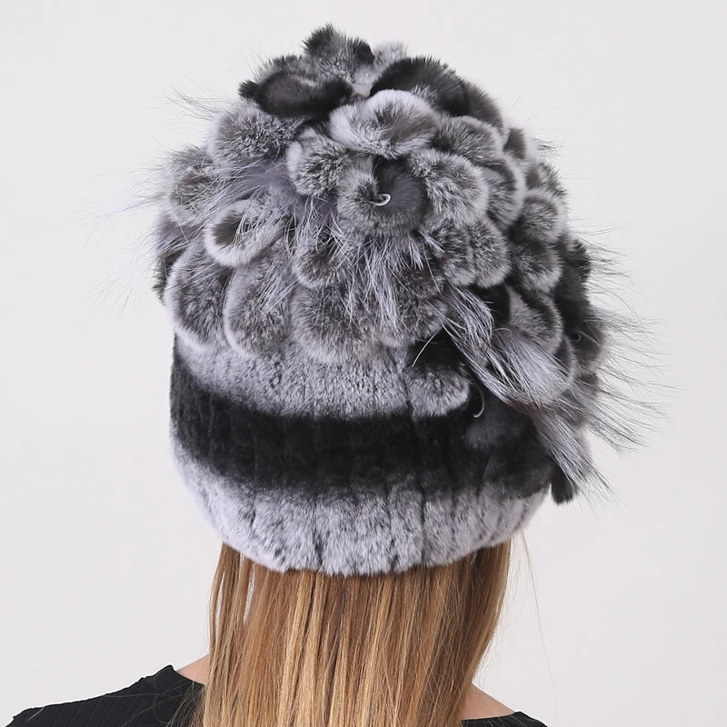 Floral Rabbit Fur Hat Women Fluffy Warm Winter Thick Hat Elegant Stylish Russian Fur Cold Hat Rex Rabbit Fur Beanies Striped Top 2