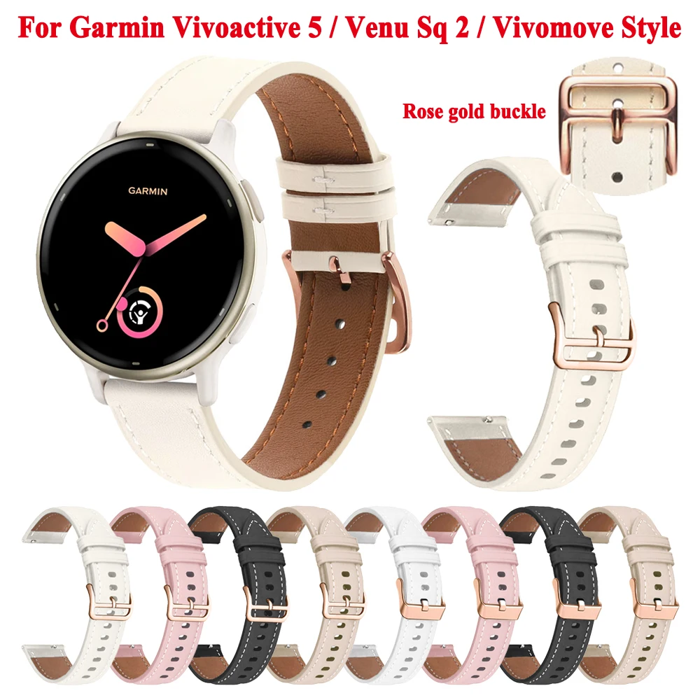 

20mm Leather Watch Strap For Garmin Vivoactive 5 Vivomove HR Style 3 Venu Sq 2 Music Plus Band Bracelet Smartwatch Watchband