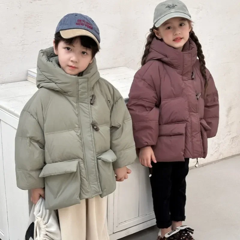 New Korean Kids Duck Down Hooded Jackets Winter Thicken Warm Girls Boys Casual Down Coats Children Outerwear Windproof Overcoats
