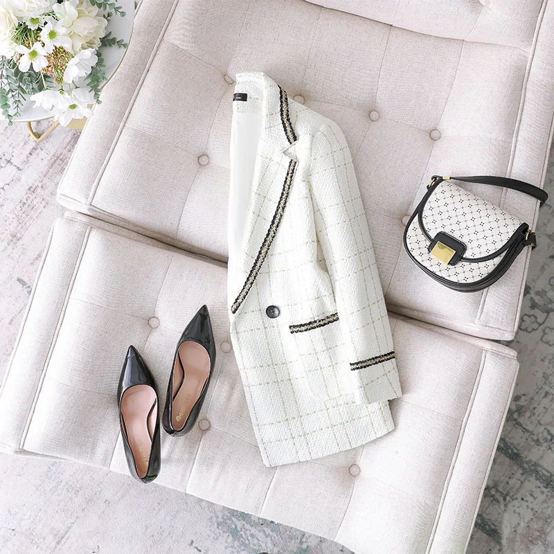 2023 New Women Blazer Autumn  Korean White Plaid Jacket Office Ladies Coat Casual Women Coat Female Blazer Jackets Tops