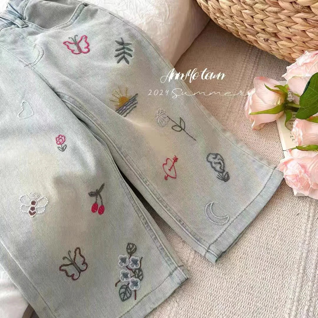 여아용 용수철 여름 그래피티 청바지, 어린이 패션, 자수 루즈한 스트레이트 레그 캐주얼 바지, 18-8 세