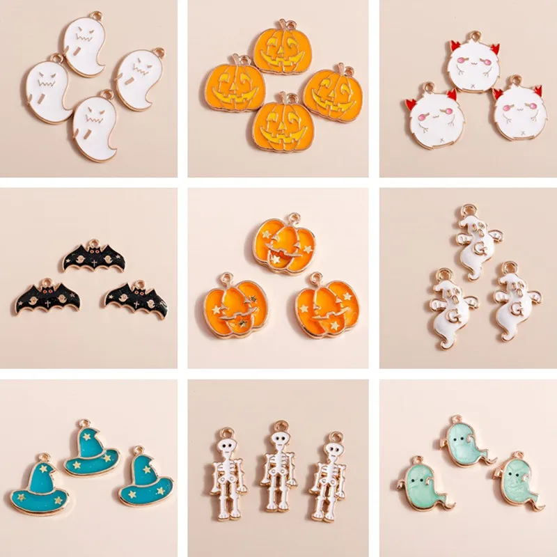 

10pcs/lot Mix Enamel Halloween Pumpkin Ghost Bat Charms Pendants for Jewelry Making Women Cute Earrings Necklaces DIY Craft Gift