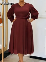 Mlaiscsr Elegant Pink A Line Loose Mid Dress for Women V Neck 3D Flower Design Puff Sleeve Office Evening Birthday Vestidos 2025 - Image 4