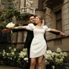 Elegant Short Wedding Dress 2025 Square Collar Puff Sleeve Pleat Open Back Satin Simple Bridal Gown Vestidos De Noiva Customized 1
