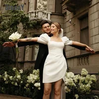 Elegant Short Wedding Dress 2025 Square Collar Puff Sleeve Pleat Open Back Satin Simple Bridal Gown Vestidos De Noiva Customized 1