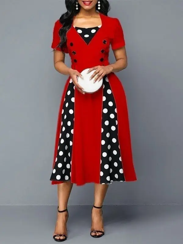 

Wave Point Stitching Short Sleeve Skirt Women Dress Elegant Ladies Dresses Summer Clothes For Women Office Dress Gothic Dress